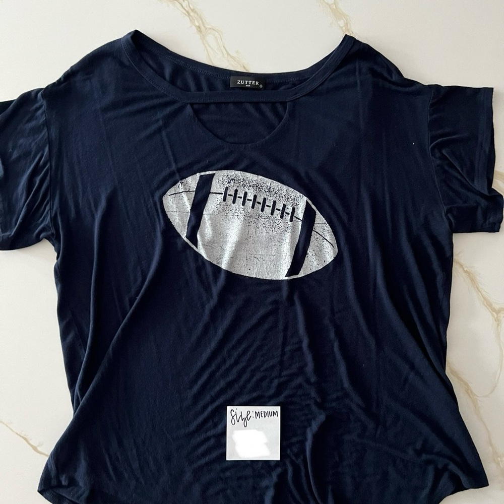 Size M navy football t-shirt for sale. Good condition.